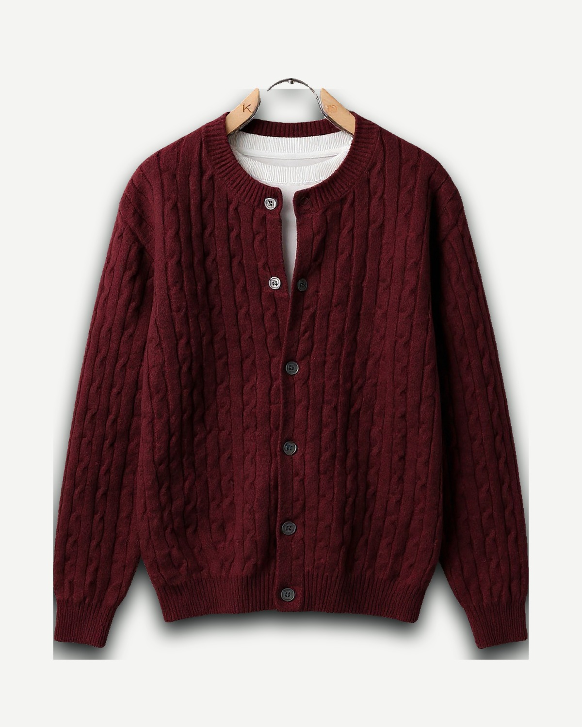 Bordeauxrode kabelgebreide cardigan